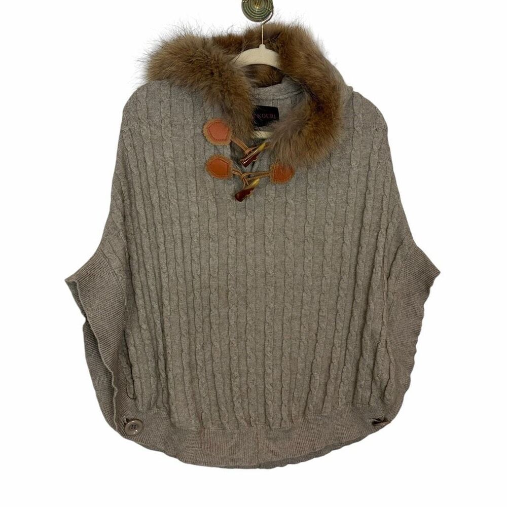 Kelli Kouri Cashmere Sweater Women OS Tan Fur Hood Cable Knit Poncho Brown